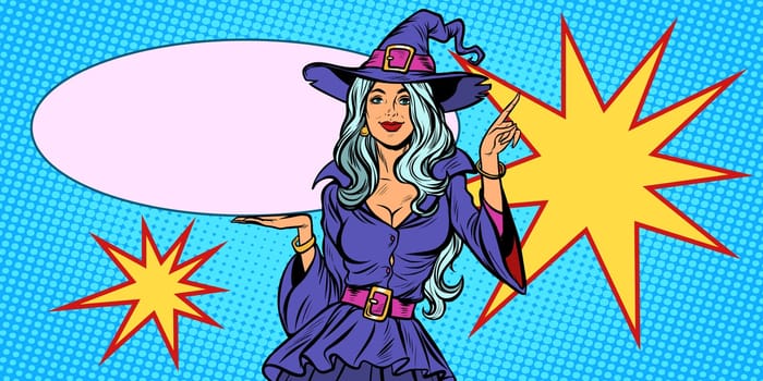 Beautiful woman in Halloween witch costume. holiday background. Pop art retro vector illustration vintage kitsch