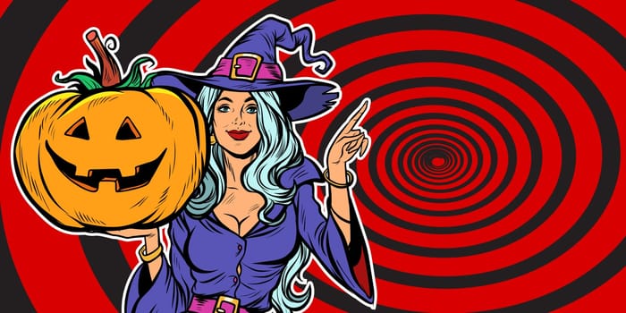 witch with Halloween pumpkin. Announce Party. Pop art retro vector illustration vintage kitsch