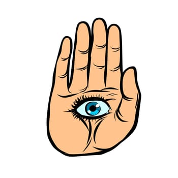 palm with eye, observation and spiritualism. Pop art retro vector illustration vintage kitsch