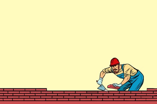 The Builder lays brick masonry below. Pop art retro vector illustration vintage kitsch