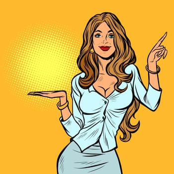 beautiful woman presents gesture. Pop art retro vector illustration vintage kitsch