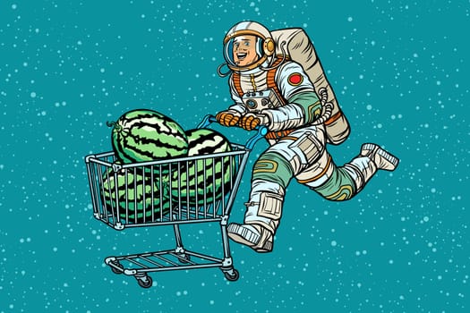 Astronaut buys watermelons. shopping cart trolley sale. Pop art retro vector illustration vintage kitsch
