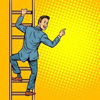 businessman climbs stairs, man points to copy space. Pop art retro vector illustration vintage kitsch