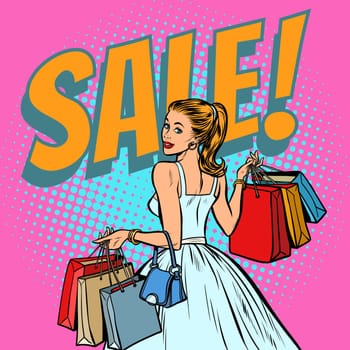 bride shopping, woman with bags. Pop art retro vector illustration vintage kitsch
