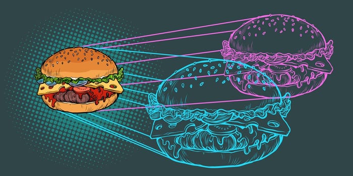 Burger ingredients, fast food restaurant. Pop art retro vector illustration vintage kitsch