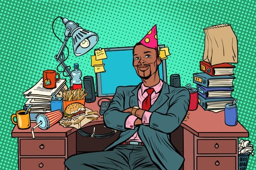 African businessman birthday, working place. Pop art retro vector illustration vintage kitsch