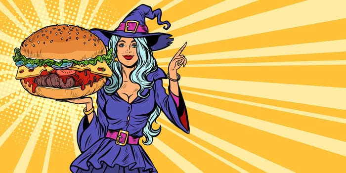 Halloween witch presents holiday burger. Pop art retro vector illustration vintage kitsch