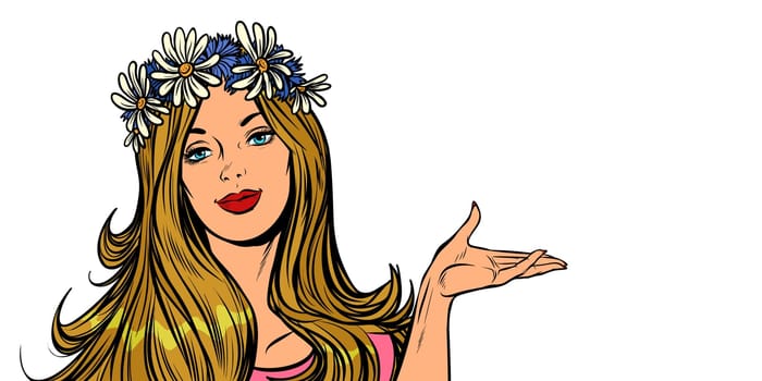 Beautiful woman in a flower wreath. isolate on white background. Presentation gesture. Pop art retro vector illustration vintage kitsch