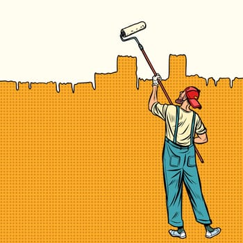 painter paints the wall at the top. Pop art retro vector illustration vintage kitsch