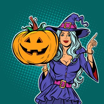 witch with Halloween pumpkin. Pop art retro vector illustration vintage kitsch