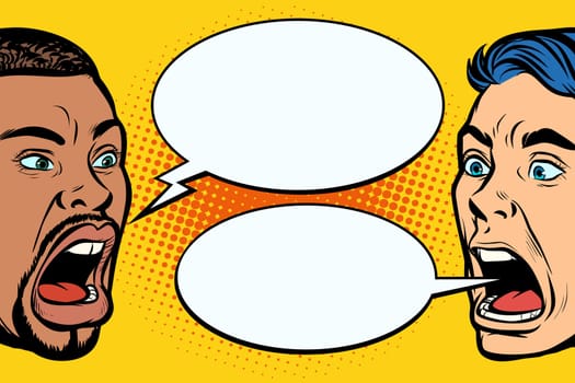 man scream face. African and Caucasian people. Pop art retro vector illustration kitsch vintage