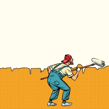 worker painter paints wall in the middle. Pop art retro vector illustration vintage kitsch