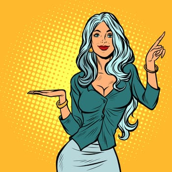 beautiful woman presents gesture. Pop art retro vector illustration vintage kitsch
