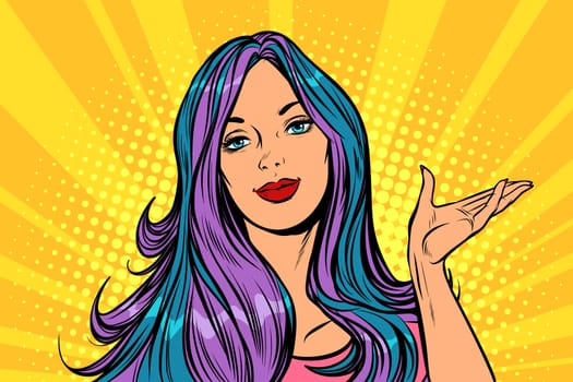beautiful woman presents gesture. Pop art retro vector illustration vintage kitsch