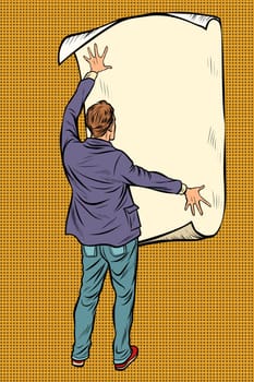man unfolded poster paper, announcement on the wall. Pop art retro vector illustration vintage kitsch
