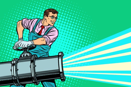 Worker opens the tap of an oil or water pipe. Pop art retro vector illustration vintage kitsch