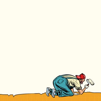 worker painter paints  wall at the bottom. Pop art retro vector illustration vintage kitsch