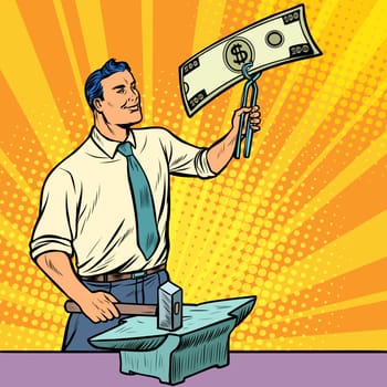 Businessman blacksmith forges dollars money on the anvil. Pop art retro illustration vintage kitsch drawing