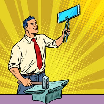 Businessman blacksmith forges smartphone on anvil. Gadgets and technologies. Pop art retro illustration vintage kitsch drawing