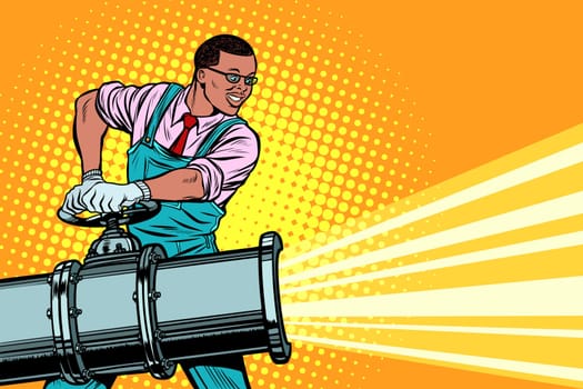 Worker opens the tap of an oil or water pipe. African American people. Pop art retro vector illustration vintage kitsch