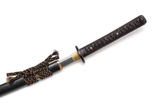 Brown leather cord tie on grip Japanese sword steel fitting and black scabbard on white background.
