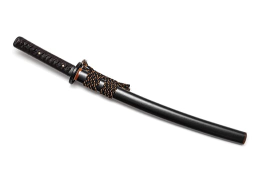 Brown leather cord tie on grip Japanese sword and black scabbard with steel fitting isolated in white background.