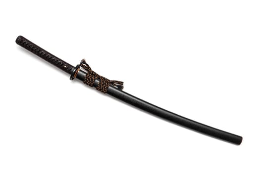 Brown leather cord tie on grip Japanese sword and black scabbard with steel fitting isolated in white background.