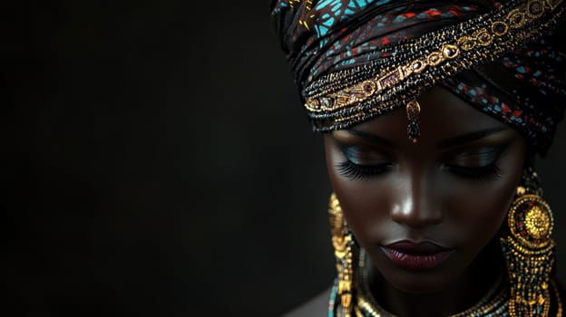 A woman is captured in a moment of reflection, wearing a vibrant headwrap and ornate jewelry that highlights her features. The soft lighting emphasizes her graceful presence and cultural richness against a dark backdrop.