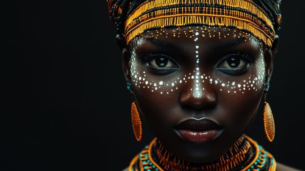 This striking portrait features a woman with deep skin and intricate facial body paint. She wears an elaborate traditional headpiece and colorful jewelry, embodying the beauty and richness of her culture.