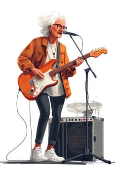A talented elderly woman plays her electric guitar with enthusiasm, singing into a microphone. She wears stylish attire and stands confidently on stage, surrounded by musical equipment, bringing joy to the audience at dusk.
