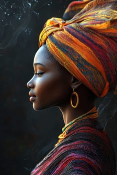 A woman displays a striking profile highlighted by a colorful head wrap and gold earrings. The rich hues of her attire contrast beautifully with the dark background, emphasizing her poise and cultural elegance.