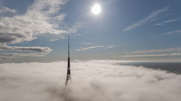 Riga Latvia Tv Tower Zakusala smoke clouds Europe biggest Aerial drone top view