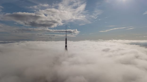 Riga Latvia Tv Tower Zakusala smoke clouds Europe biggest Aerial drone top view