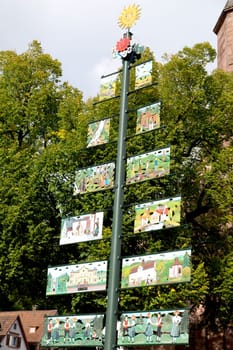 Large tree shaped signpost with pictures connected to sides and yellow smiling sun on top. Forest and houses in background.
