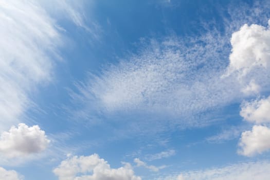 Beautiful white clouds and blue sky background over England UK. Fluffy and wispy cloudscape backdrop