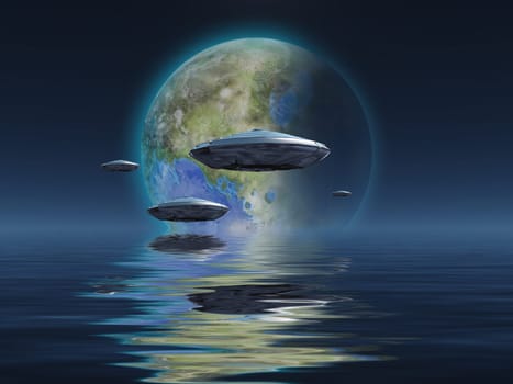 Spacecrafts flies over ocean. Terraformed moon at the horizon