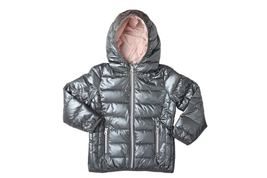 Children’s jacket isolated. Fashionable silver gray warm down jacket isolated on a white background. Childrens wear.
