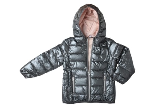 Children’s jacket isolated. Fashionable silver gray warm down jacket isolated on a white background. Childrens wear.