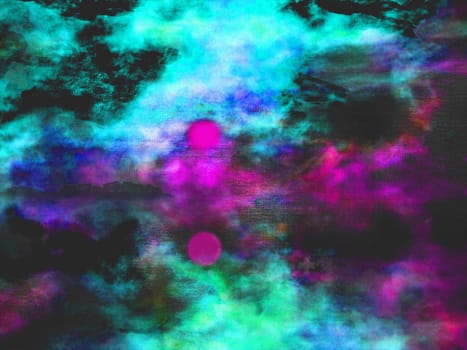 Abstract painting. Cloudy sky. Sunset or sunrise reflected on water surface