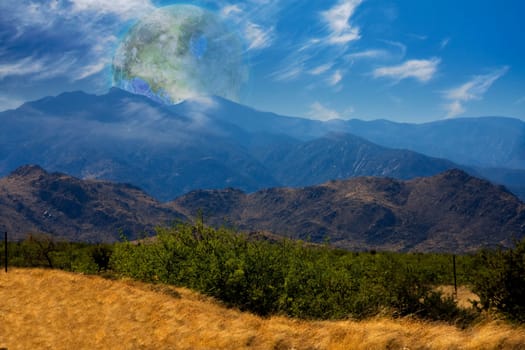 Mountain Vista. Terraformed moon seen from the Earth. 3D rendering