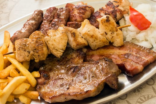 Different baked meats are on plate with french fries and onion.