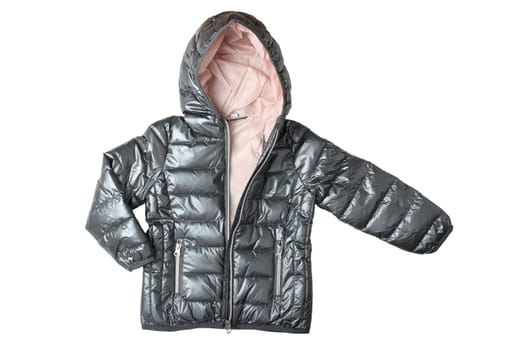 Children’s jacket isolated. Fashionable silver gray warm down jacket isolated on a white background. Childrens wear.