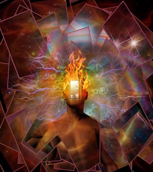 Man with burning head in cosmic space
