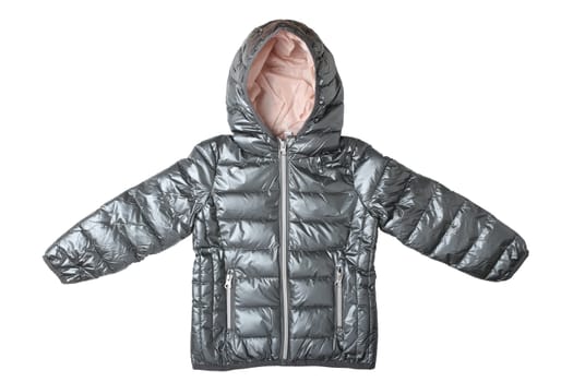 Children’s jacket isolated. Fashionable silver gray warm down jacket isolated on a white background. Childrens wear.