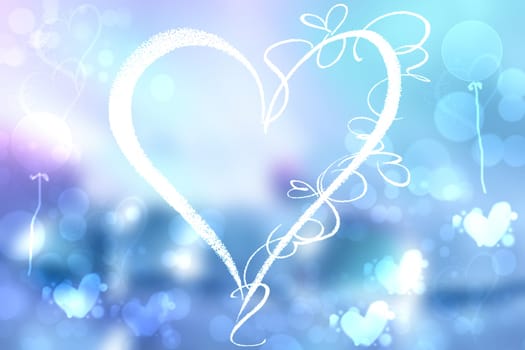 Abstract festive blur bright blue pastel background with white hearts love bokeh for wedding card or Valentine‘s day.  Romantic textured backdrop with space for your design. Card concept.