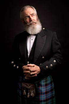 close up of senior man with grey hair and full beard, wearing scotting kilt on dark background