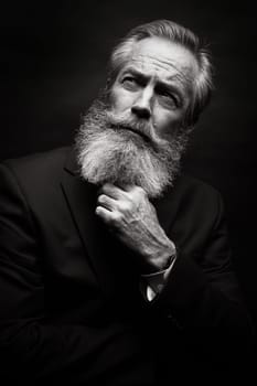 close up of senior man with grey hair and full beard, wearing suit on dark background
