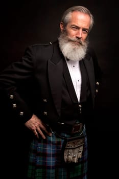 close up of senior man with grey hair and full beard, wearing scotting kilt on dark background