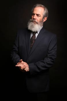 close up of senior man with grey hair and full beard, wearing suit on dark background