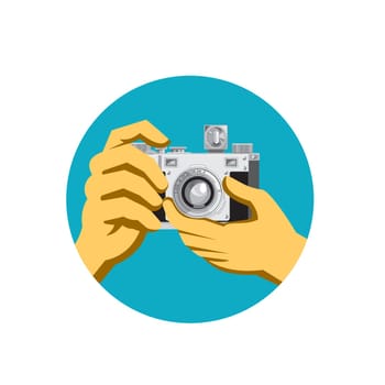 Retro style illustration of a pair of hands holding a retro vintage 35mm film camera clicking taking a photo front view on isolated background.